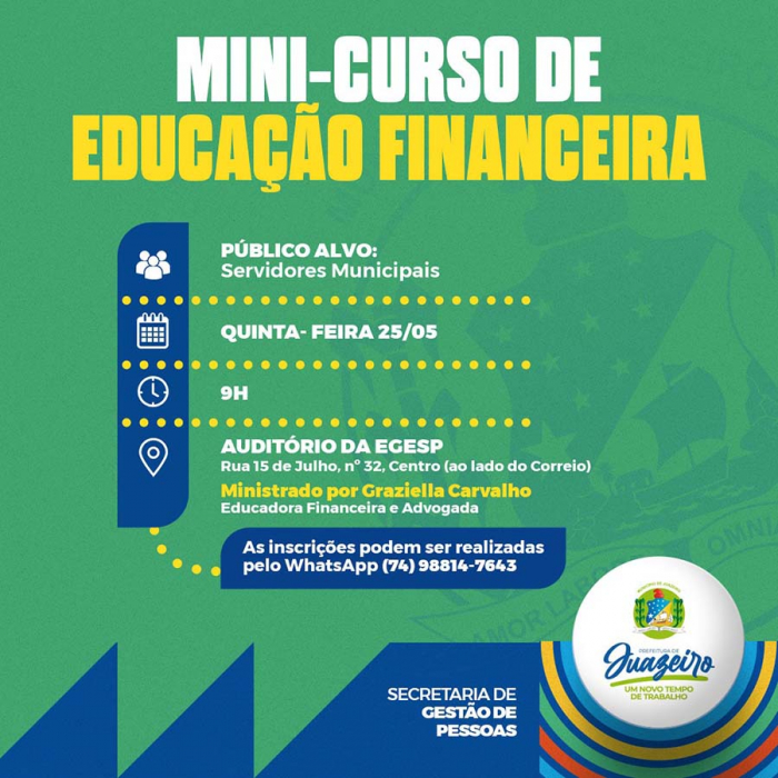 Prefeitura de Juazeiro abre inscrições para curso sobre educação financeira