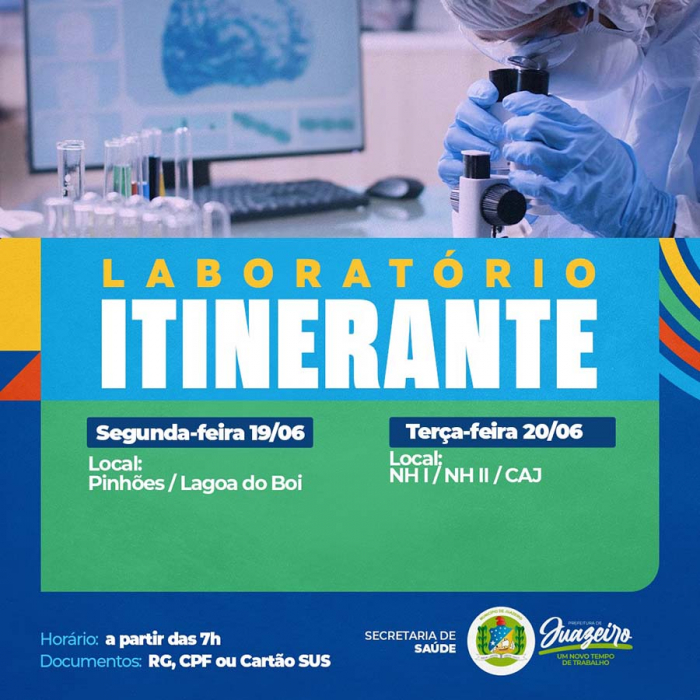 Laboratório Itinerante: Prefeitura de Juazeiro divulga os locais de coleta nos dias 19 e 20 de junho