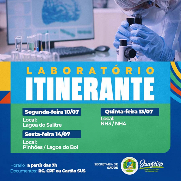 Laboratório Itinerante: Prefeitura de Juazeiro divulga programação para os dias 10, 13 e 14 de julho