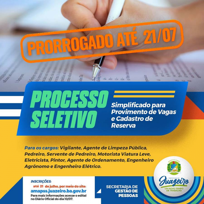 Prefeitura de Juazeiro prorroga prazo de inscrição de processo seletivo para contratação temporária de profissionais para atuar na AMA