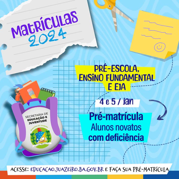 Alunos novatos com deficiência podem realizar sua pré-matrícula na rede municipal de ensino de Juazeiro nesta quinta e sexta-feira